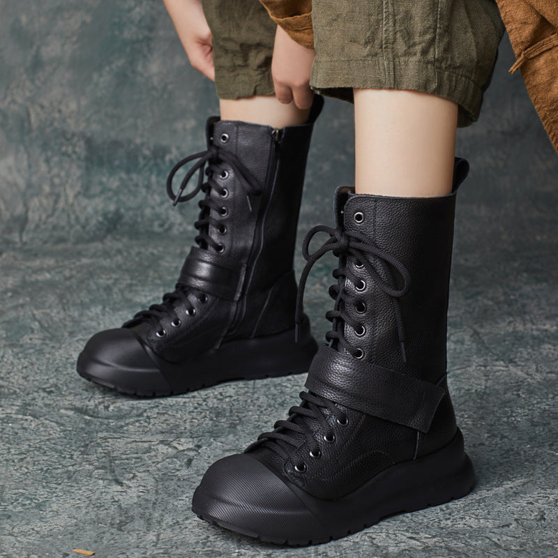 Fashion Ladies Retro Handmade Leather Lace-Up Mid-Calf Boots