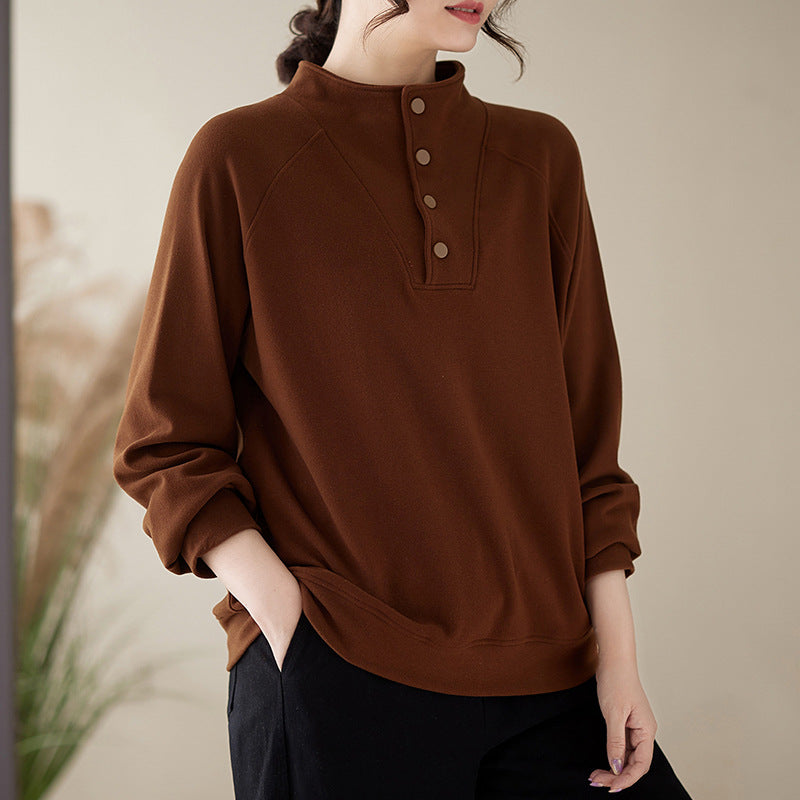 Women Loose Casual Solid Color Mock Neck Sweatshirt