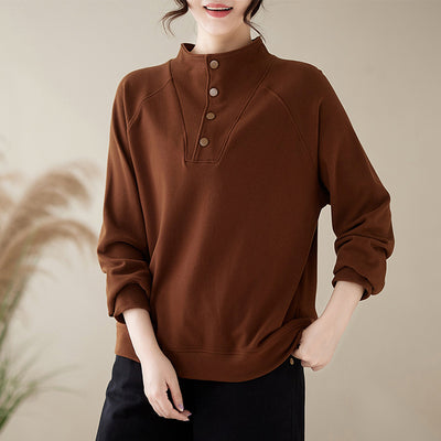 Women Loose Casual Solid Color Mock Neck Sweatshirt