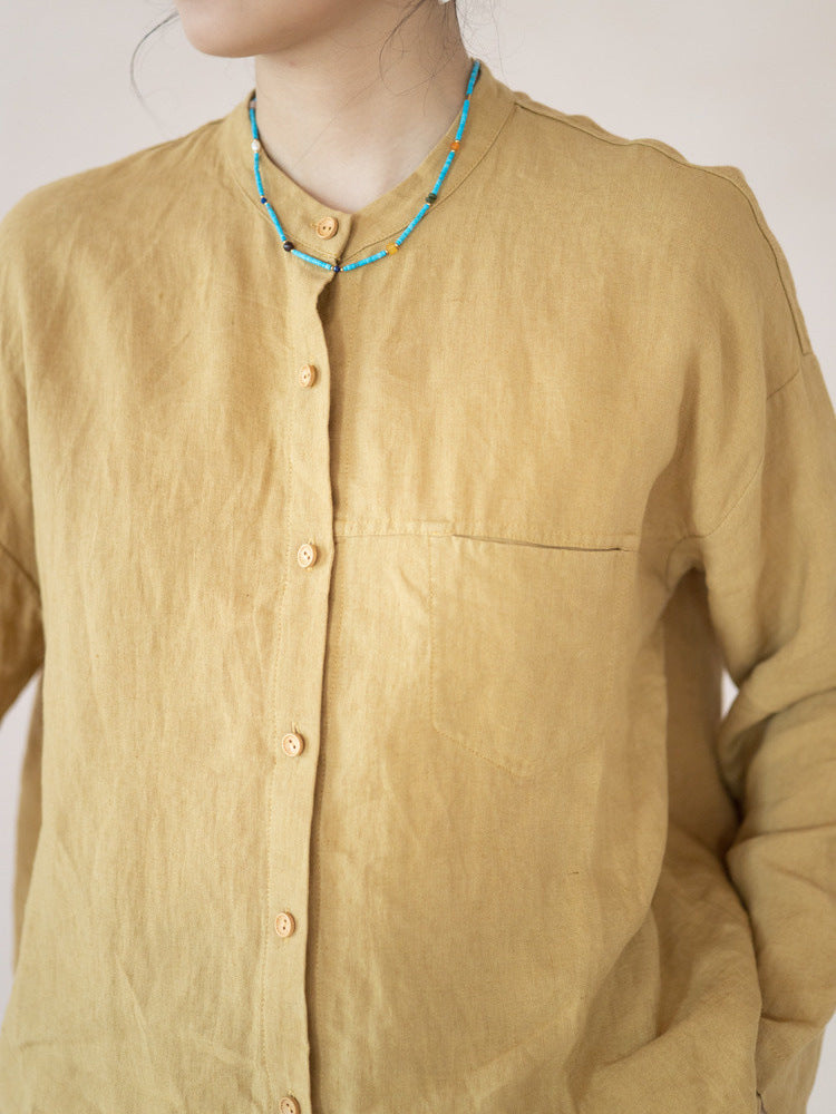 Women Simple Loose Comfortable Yellow Linen Shirts