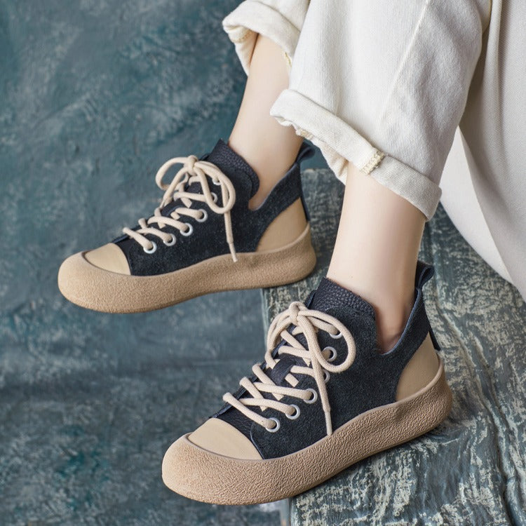 Casual Autumn Lace Up Color Block Leather Shoes