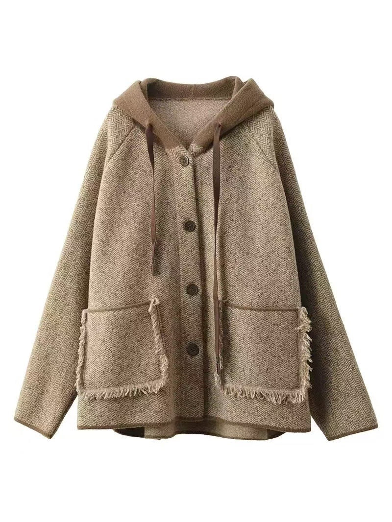 Women Vintage Loose Warm Frayed Hooded Woolen Coat