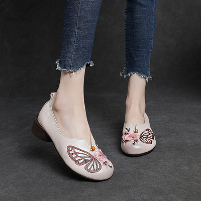 Women Butterfly Floral Embroidered Chunky Heel Slip- Ons