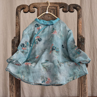 Vintage Floral Printed Asymmetric Ramie Blouses