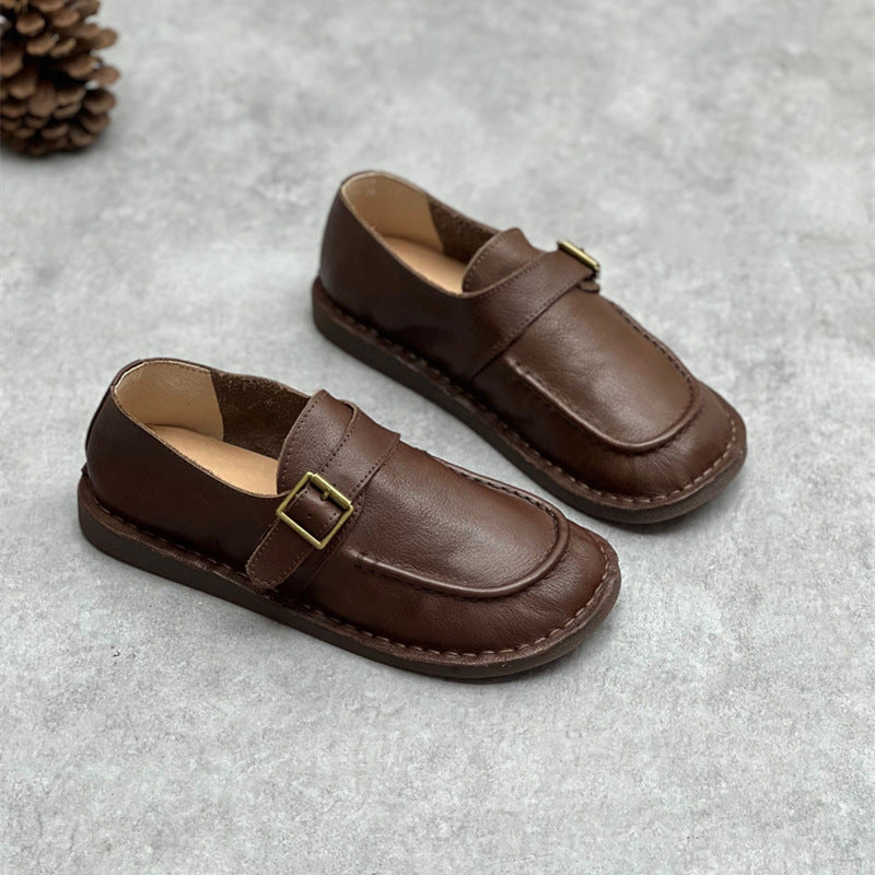 Women Retro Handmade Leather Flats Coffee Slip Ons