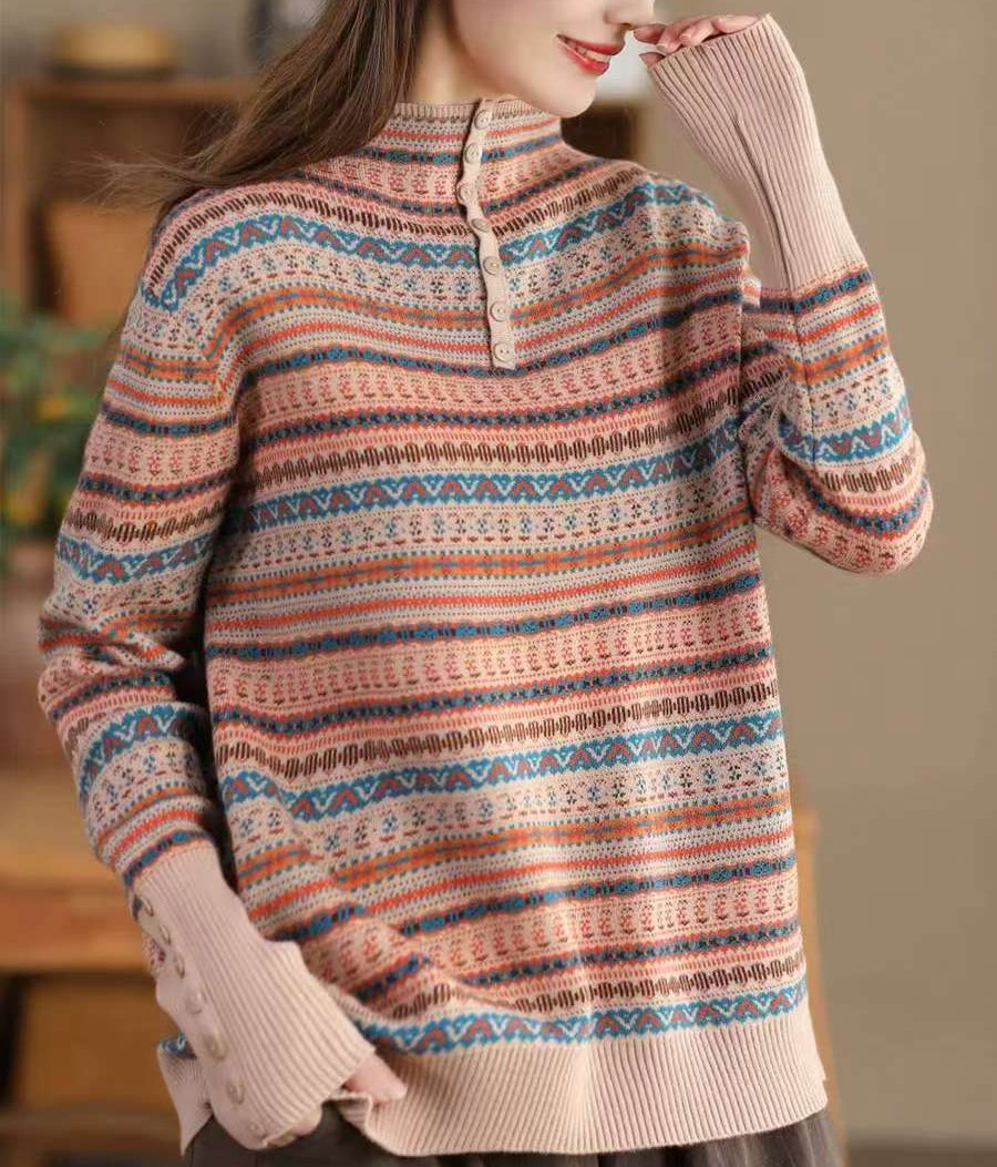 Women Fashion Jacquard Wool Blend Mock Neck Casual Sweater