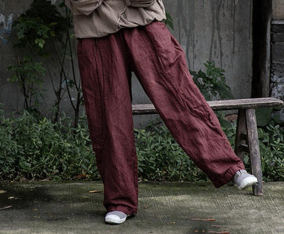 Red Elastic Waist Straight- Leg Linen Pants for Women