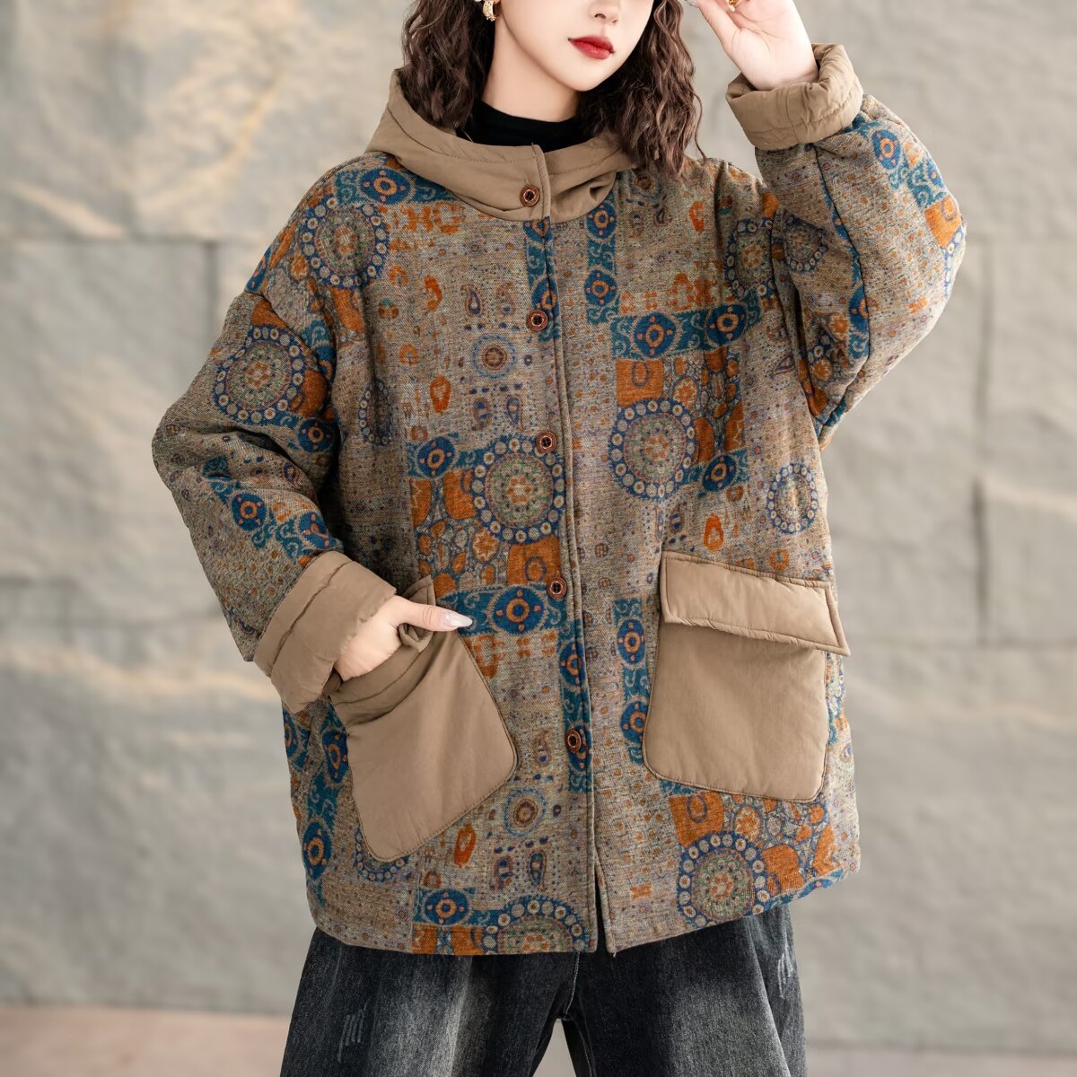 Women Trendy Vintage Printed Warm Padded Hooded Coats