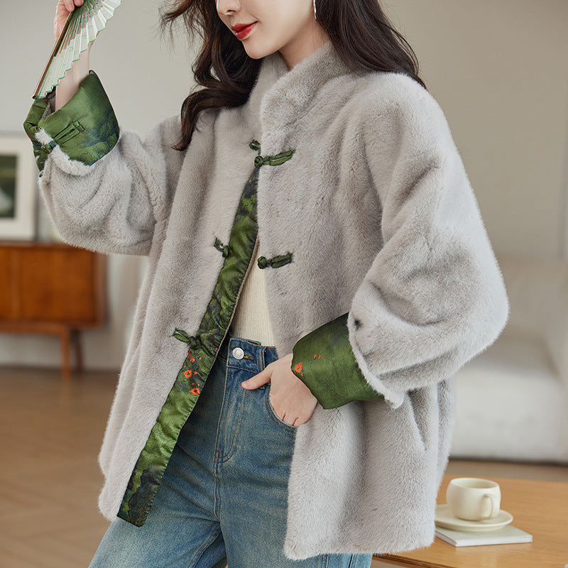 Traditional Chinese Style Elegant Warm Faux Fur Coat with Quilted Green Lining