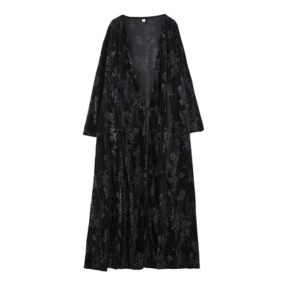 Women Elegant Vintage Jacquard Velvet Mid- Length Coat