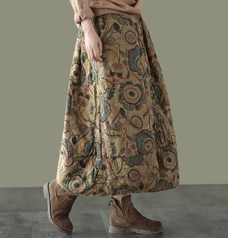 Winter Retro Ethnic Style Printed Padded Thickened Warm Midi Skirt