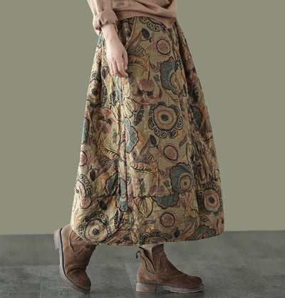 Winter Retro Ethnic Style Printed Padded Thickened Warm Midi Skirt