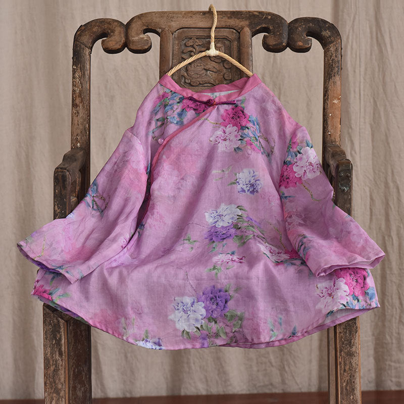 Vintage Floral Printed Asymmetric Ramie Blouses