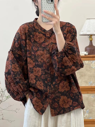 Women Vintage Lantern Sleeves Jacquard Shirts