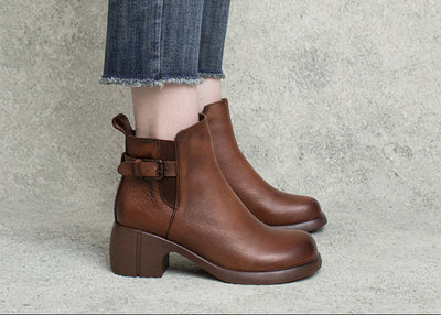 Ladies Retro Minimalist Block Heel Buckle Leather Short Boots