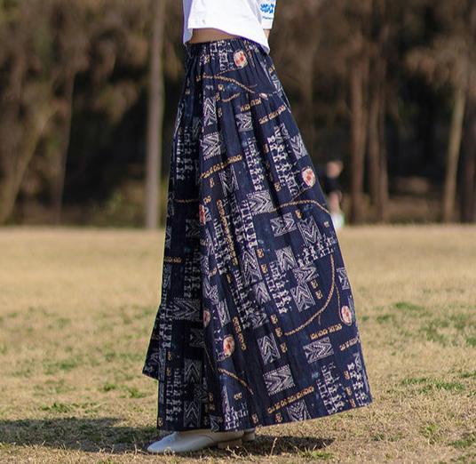 Vintage Ethnic Style Printed Ruffled Linen Midi Skirts