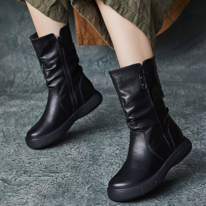 Women Retro Handmade Genuine Leather Ruched Mid-Calf Boots