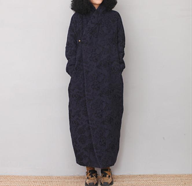 Elegant Blue Jacquard Asymmetrical Cotton Long Robe