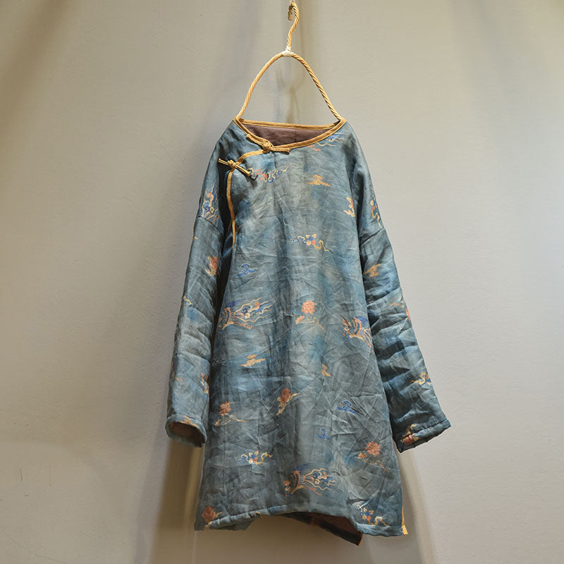 Women Vintage Printed Asymmetric Front Cotton Ramie Coat