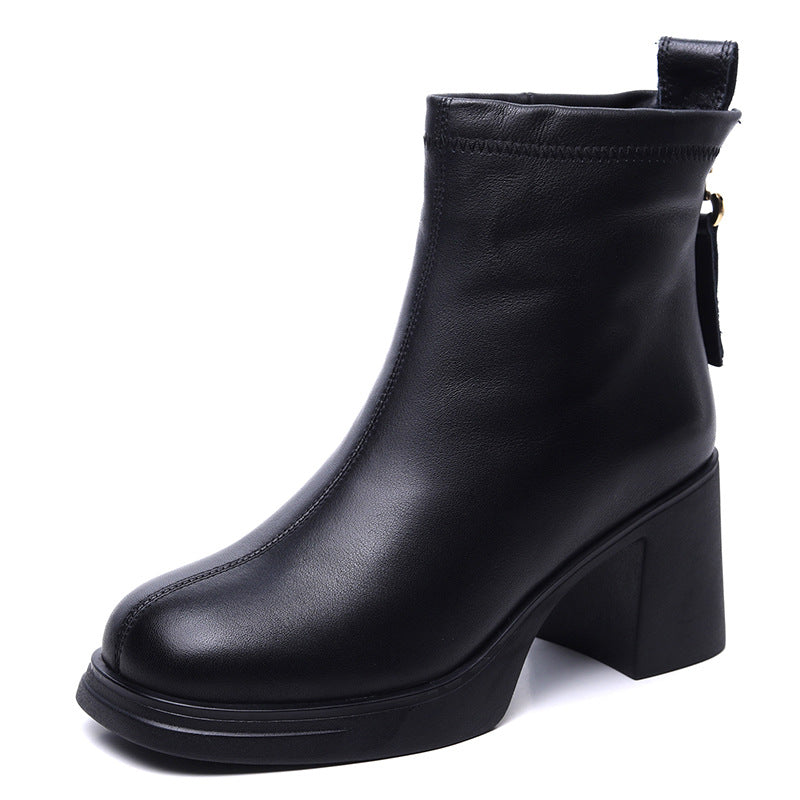 Women Zipper Chunky Heel Fleece Lining Ankle Boots