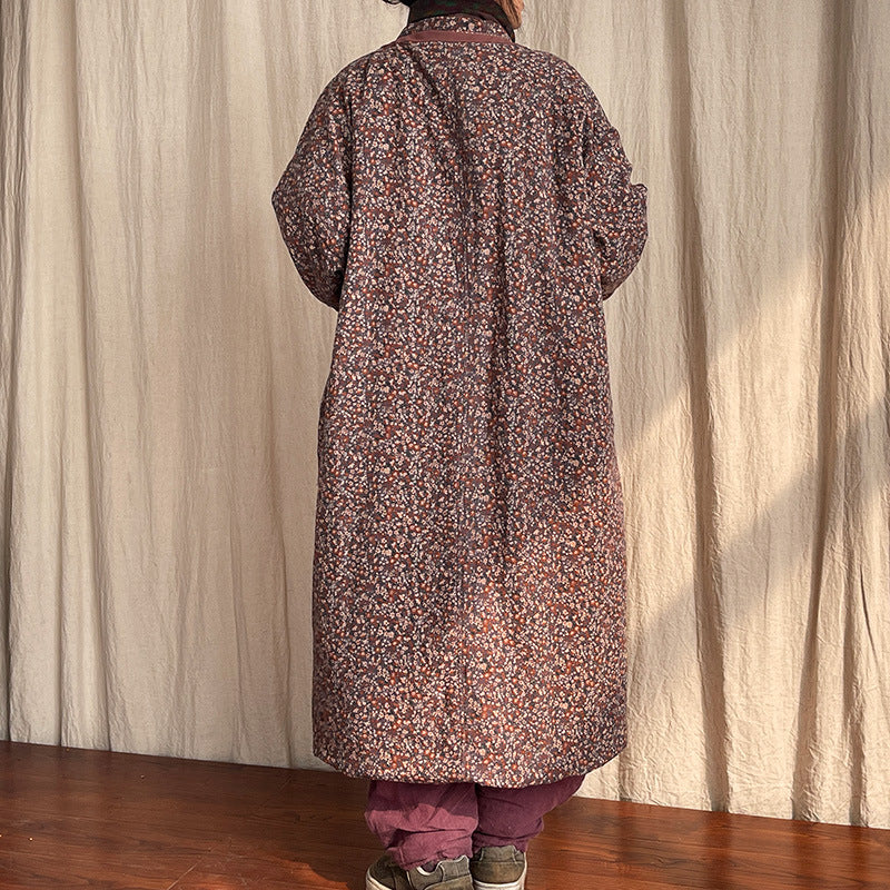 Women Retro Loose Floral Printed Mid-Length Cotton Linen Coat