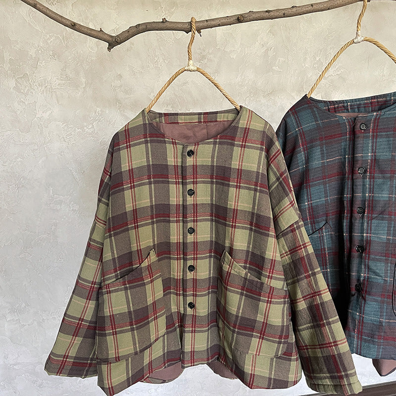 Women Retro Plaid Thickened Padded Short Cotton Jacket