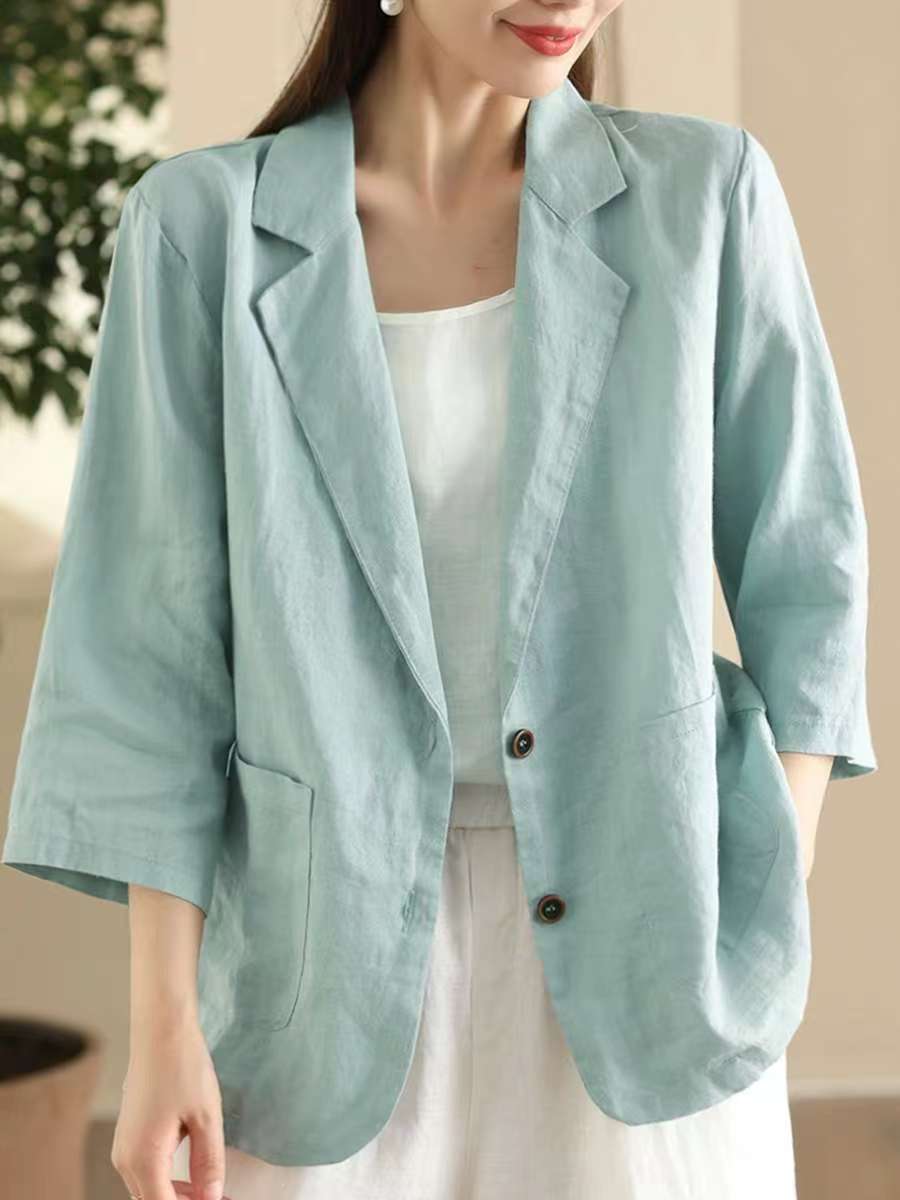 Women Lapel Solid Color Ramie Blazers