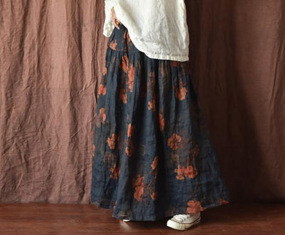 Printed Ruffled Flowy A- Line Ramie Midi Skirts