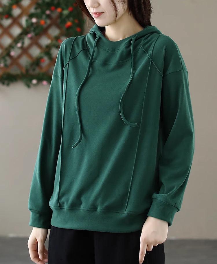 Women Solid Color Hooded Pullover Loose Sweatshirt