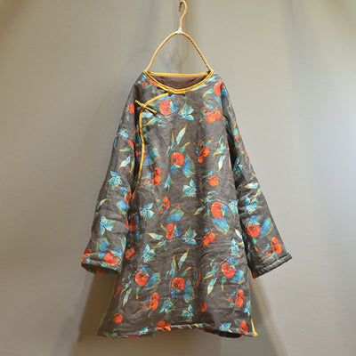 Women Vintage Printed Asymmetric Front Cotton Ramie Coat