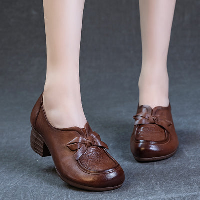 Women Retro Embossed Knot Leather Shoes