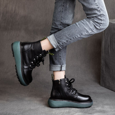 Women Retro Platform Lace- Up Zipper Leather Short Boots