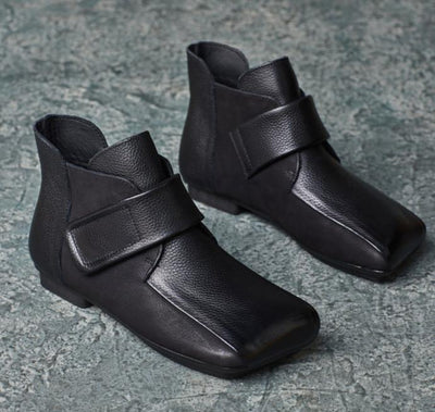 Women Fashion Trendy Retro Leather Square Toe Velcro Ankle Boots