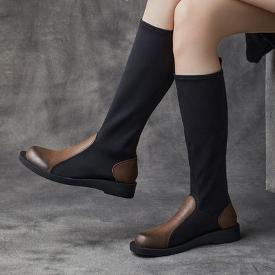 Women Chic Genuine Leather Panels Stretchy Knee-High Boots