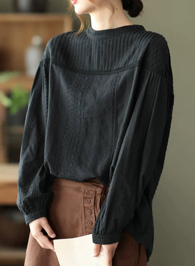 Women Autumn Solid Color Pleated Lace Hollow Pullovers