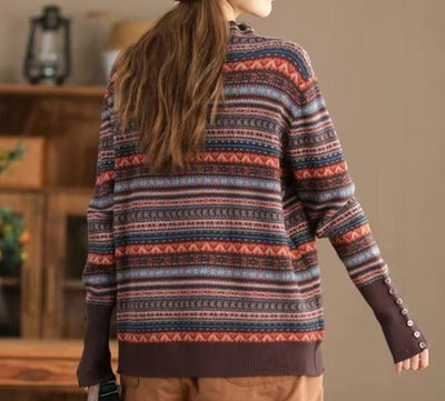 Women Fashion Jacquard Wool Blend Mock Neck Casual Sweater