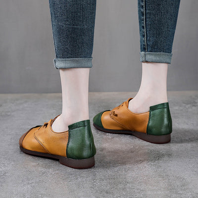 Color Block Low Heel Leather Casual Shoes