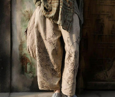 Distressed Retro Printed Cotton Linen Wide Leg Pants