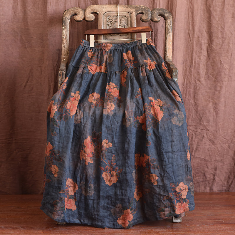 Printed Ruffled Flowy A- Line Ramie Midi Skirts