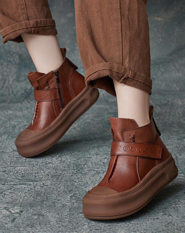 Women Fashion Handmade Leather Velcro Platform Ankle Boots