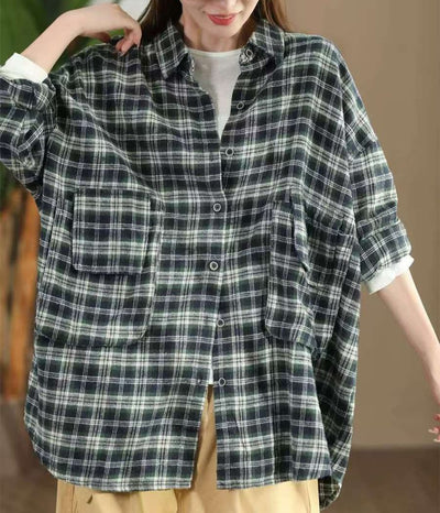 Women Loose Retro Plaid Brushed Cotton Shirts