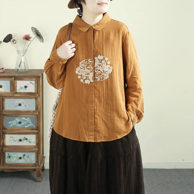 Women Spring Vintage Embroidered Loose Fit Cotton Shirt with Buttons