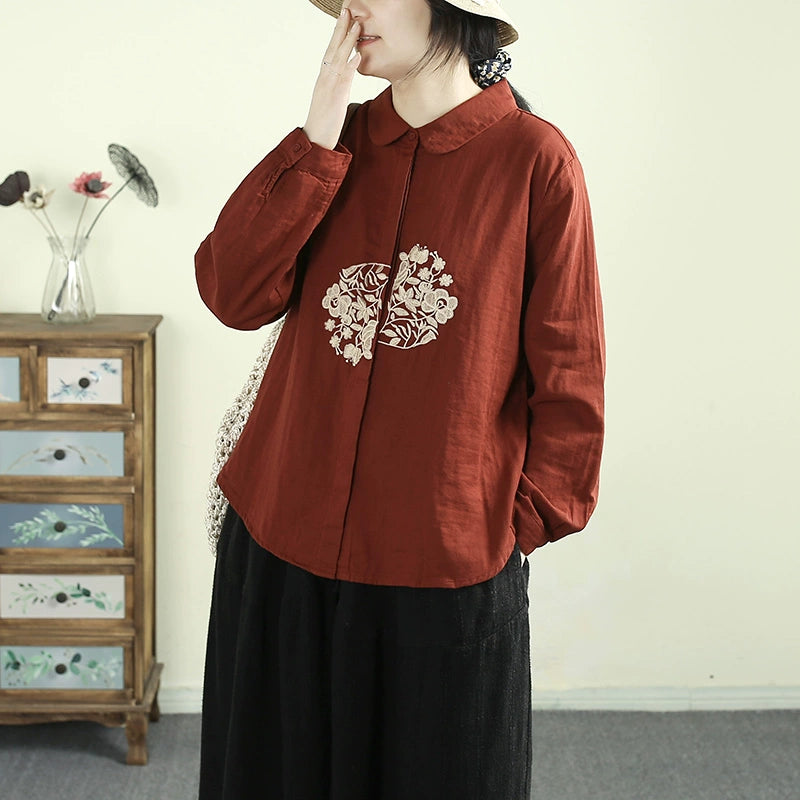 Women Spring Vintage Embroidered Loose Fit Cotton Shirt with Buttons