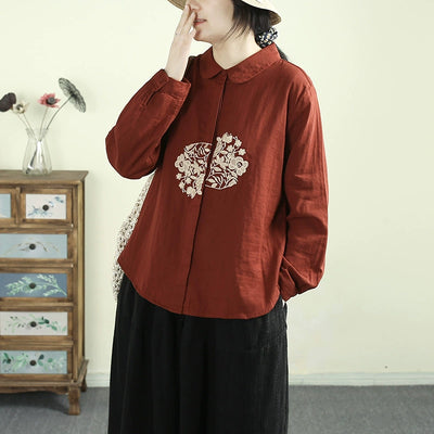 Women Spring Vintage Embroidered Loose Fit Cotton Shirt with Buttons