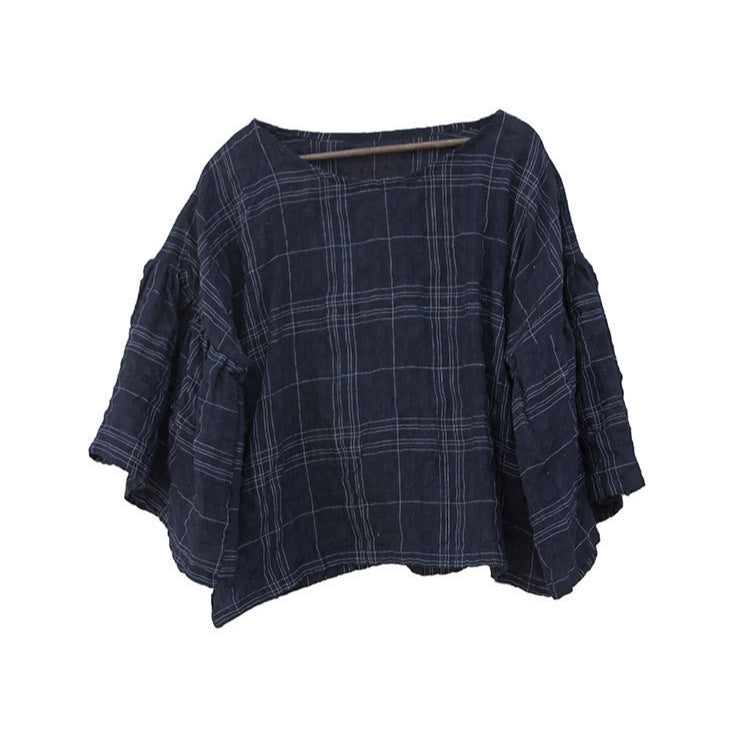 Loose Ruffled Semi- Sheer Jacquard Plaid Ramie Tops