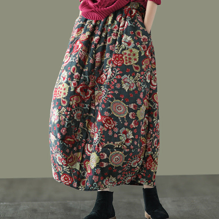 Winter Retro Ethnic Style Printed Padded Thickened Warm Midi Skirt