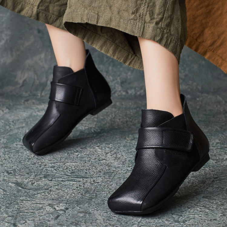 Women Fashion Trendy Retro Leather Square Toe Velcro Ankle Boots