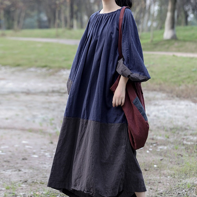 Casual Puff Sleeves Drawstring Color Block Cotton Linen Dresses