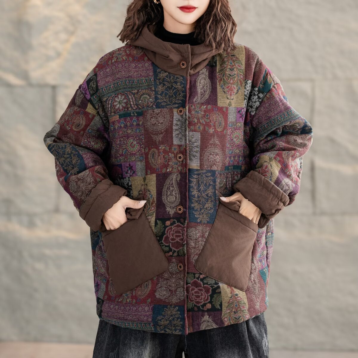 Women Trendy Vintage Printed Warm Padded Hooded Coats