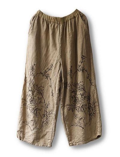 Distressed Retro Printed Cotton Linen Wide Leg Pants